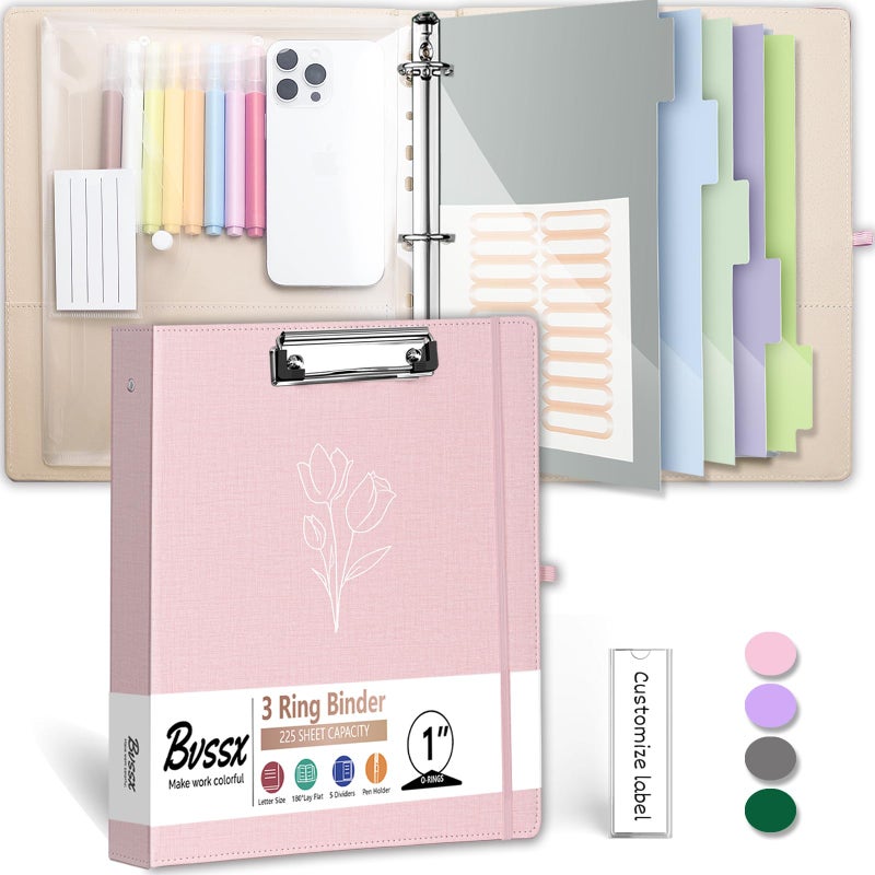 BVSSX 3 Ring Binder  1 Inch Linen Binders Organizer for Letter Size (8.5"" x 11"") Paper with 5-Tabs Pockets Dividers  BVSSX Leather Three Ring Binders with Clipboard  Plastic Folder  Pen Loop - Pink Tulips - Image 1